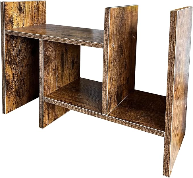 Meikuler Desktop Shelf Organizer, Adjustable Wood Display Desk Shelf, Office Storage Rack Tabletop Bookshelf Multipurpose Shelves for Home Decor, Office, Gifts (Brown)