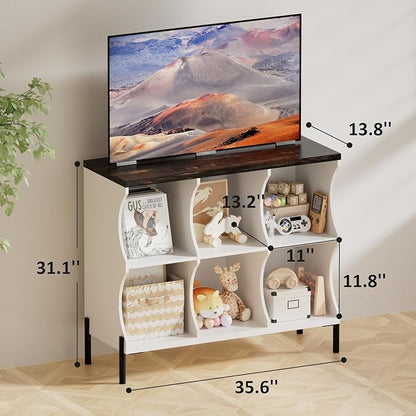 6 Cube Book Shelf, Low and Short Bookshelf, Long Cube Storage Organizer Wood TV Stand, Toy Organization DVD Cabinets for Living Room, Office, Bedroom, Dorm, White with Dark Brown Top