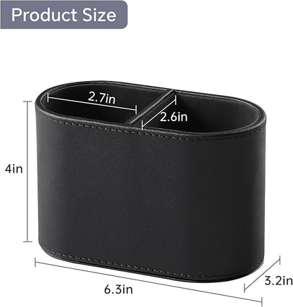 PU Leather Pen Holder for Desk, Small Remote Control Holder Pencil Cup Multifunctional Desktop Organizer Caddy for Home School Office Desk Accessories - 2 Compartments (Black)