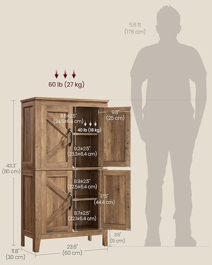 VASAGLE LIRY Collection - Farmhouse Storage Cabinet, Bathroom Floor Cabinet with Barn Doors, Freestanding Kitchen Pantry, Adjustable Shelves, for Dining Room, Living Room, Honey Brown, UBBK773K01