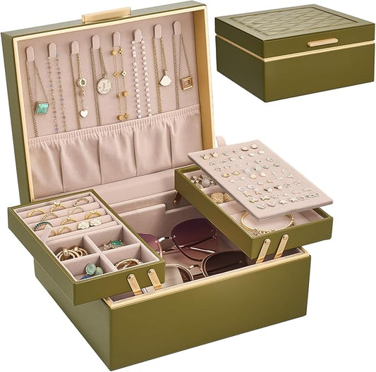 Lolalet Jewelry Box Organizer for Women Girls, 2 Layer Jewelry Organizers and Storage for Necklace Earrings Rings Bracelets, Large Jewellery Holder Case Birthday Gifts -Olive Green
