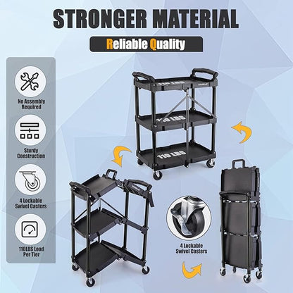 FUTURELAB Portable Folding Service Cart - 3 Tier 330LBS Capacity - Rolling Utility Foldable Cart with Wheels for Warehouse Home Workshops Garages Restaurants Offices