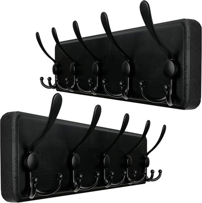 WEBI Rustic Coat Rack Wall Mount,Wood Coat Hooks Wall Mounted Coat Hanger,16" Hole to Hole,Hook Rack Rail,5 Triple Hooks for Hanging Coats,Hats,Jacket,Clothes,Entryway,Black,2 Packs