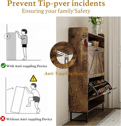 Shoe Cabinet with 2 Flip Drawers, 45" Freestanding Narrow Wood Shoe Storage Cabinet with Metal Legs and Hooks, Slim Shoe Rack Organizer for Entryway, Hallway, Brown