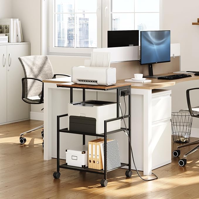 MAHANCRIS Mobile Printer Stand, 3-Tier Industrial Printer Cart with Power Outlets and 2 USB Ports, Rolling Printer Table on Wheels for Home Offices Kitchen Organization Rack, Rustic Brown PTHR78E01