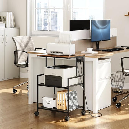 MAHANCRIS Mobile Printer Stand, 3-Tier Industrial Printer Cart with Power Outlets and 2 USB Ports, Rolling Printer Table on Wheels for Home Offices Kitchen Organization Rack, Rustic Brown PTHR78E01