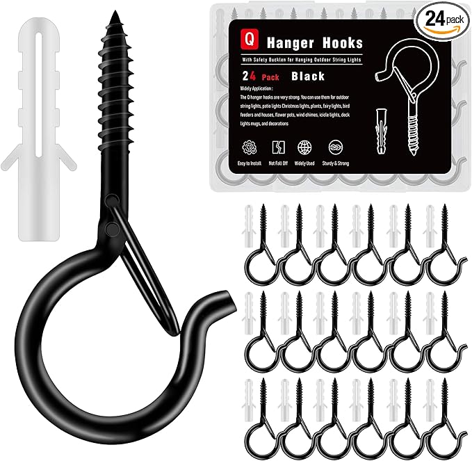 24 Pack Black Screw Hooks with Safety Buckle - 2.3 Inch Rustproof Eye Ceiling Hooks for Hanging Plants,Outdoor String Lights,Baskets,Christmas Lights & Decor,40lb Capacity (24, Black)