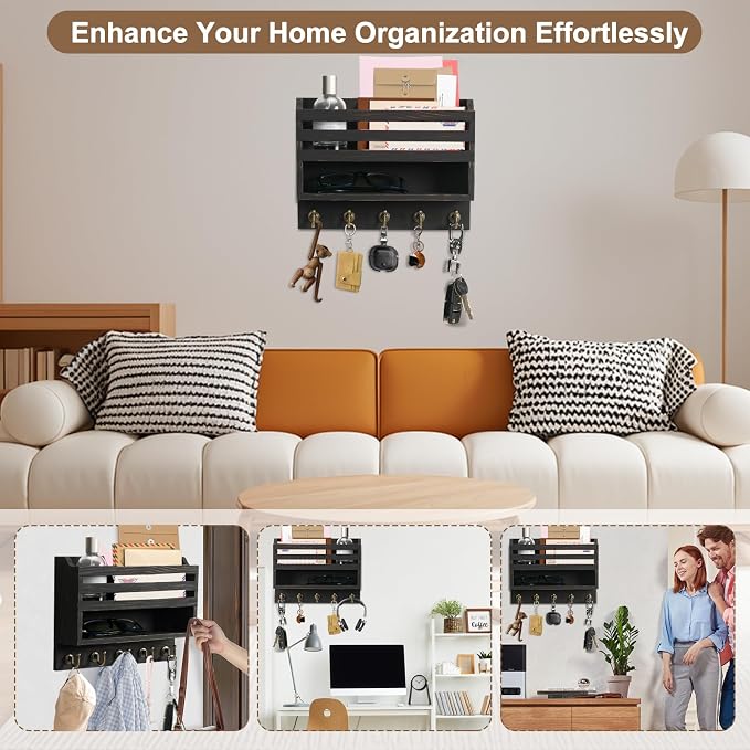Mail and Key Organizer for Wall – Key Holder Wall Mount with Storage Box and 5 Key Hooks, Mail Holder Wall Mounted for Entryway, Apartment, Office, Home Decor Organization (Black)