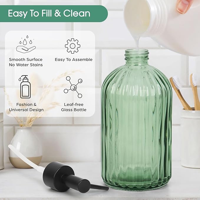 Topsky Glass Soap Dispenser with Black Plastic Pump, 400ml Liquid Hand Soap Dispenser, Rustproof Pump for Kitchen & Bathroom, Great for Lotions, Essential Oil, Liquid Soaps (Army Green)