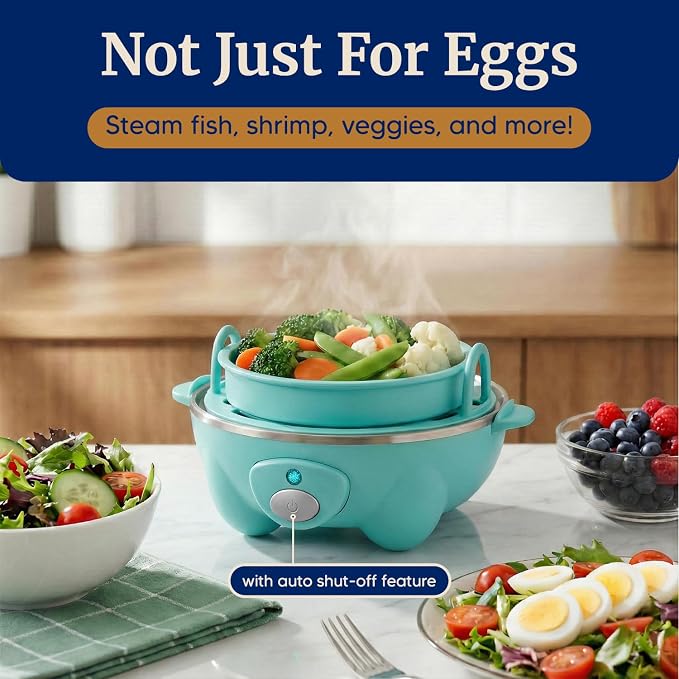 Elite Gourmet EGC-007T# Rapid Egg Cooker, 7 Easy-To-Peel, Hard, Medium, Soft Boiled Eggs, Poacher, Omelet Maker, Auto Shut-Off, Alarm, 16-Recipe Booklet, Teal