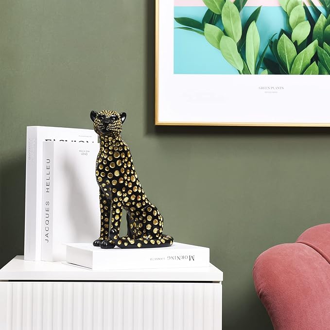 Quoowiit Leopard Sculptures for Home Decor, Modern Sculptures Decorations for Living Room, Bedroom, Table, Bookshelf, Black Resin Leopard Art Decorative Sculpture with Gold Polka Dots Design-Black