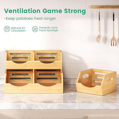 Potato and Onion Storage Bin, 2 Tier Bamboo Kitchen Storage Rack, Stackable Ventilated Pantry Organizer with Handles for Garlic Peppers Vegetables, Countertop Produce Bins, Natural Brown