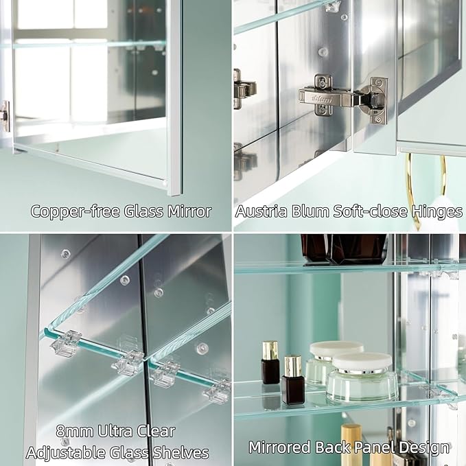 WELLFOR 12" x 30" Bathroom Medicine Cabinet, Anodized Chrome Aluminum Frame, Medicine Cabinet with Adjustable Glass Shelves, Bathroom Cabinet with Reverse Door Installation, Surface or Recessed Mount