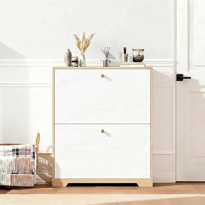 Nicetree Shoe Cabinet with 2 Flip Drawers, Narrow Shoe Organizer Cabinet, Freestanding Shoe Rack Cabinet, Modern Shoe Storage Cabinet for Entryway, Hallway, Foyer, Natural Oak and White with Hook