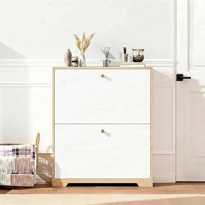 Nicetree Shoe Cabinet with 2 Flip Drawers, Narrow Shoe Organizer Cabinet, Freestanding Shoe Rack Cabinet, Modern Shoe Storage Cabinet for Entryway, Hallway, Foyer, Natural Oak and White with Hook