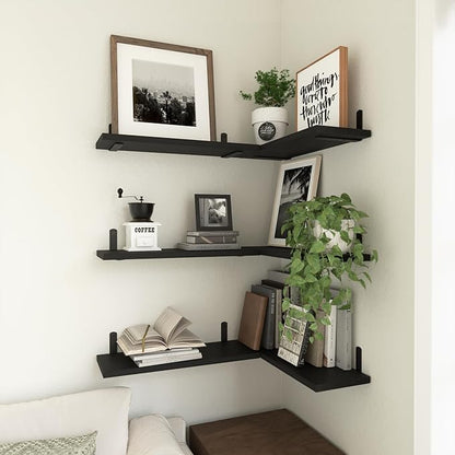 WOPITUES Wood Floating Shelves Set of 6, Shelves for Wall Decor, Farmhouse Shelf for Bedroom, Bathroom Storage Shelves, Book Shelves for Living Room-Black