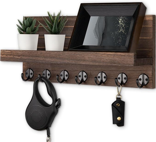 Key Holder Wall Mount, Entryway Key and Mail Holder with 7 Sturdy Hooks for Sunglasses, Dog Leash, Decorative Wall Shelf with Mounting Hardware, 15”W x 6.7”H x 4.2”D (Brown)