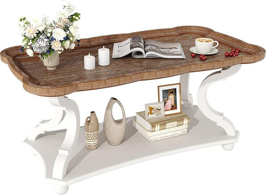 Function Home Farmhouse Coffee Table, 2-Tier Center Table with Storage Shelf, 39.8" French Country Rectangle Accent Table with Natural Tray Top and Curved Legs for Living Room Balcony, Vintage White