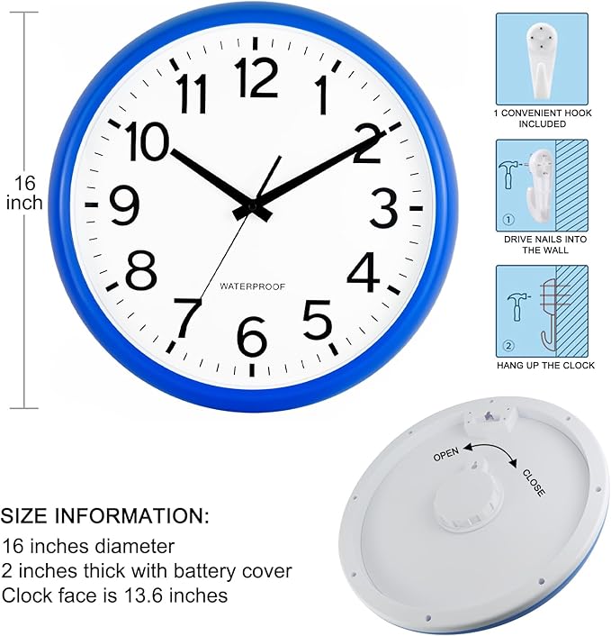 Caysie 16 Inch Sealed Large Outdoor Clock Waterproof, Silent Battery Operated Weatherproof Wall Clocks for Pool Patio Outside Home (Blue)