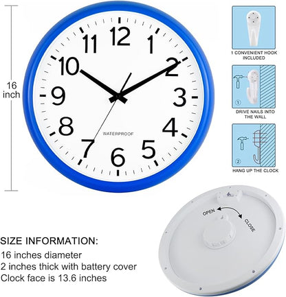 Caysie 16 Inch Sealed Large Outdoor Clock Waterproof, Silent Battery Operated Weatherproof Wall Clocks for Pool Patio Outside Home (Blue)
