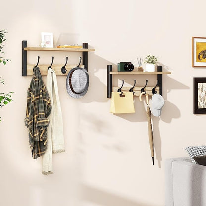 YMYNY 31.5" Coat Rack Wall Mount with Shelf, 2 in 1 Key and Coat Hanger with 8 Metal Hooks, Wall Shelf with Hooks & Mail Holder for Living Room, Bedroom, Light Natural, HWS001R-2