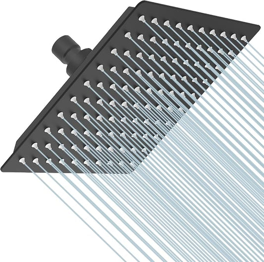 BESy 8 Inch Rain Shower Head, 8" Square Rainfall & High Pressure Stainless Steel Bath Showerhead, 1/16" Ultra Thin, Waterfall Full Body Coverage with Silicone Nozzle, Matte Black Finish