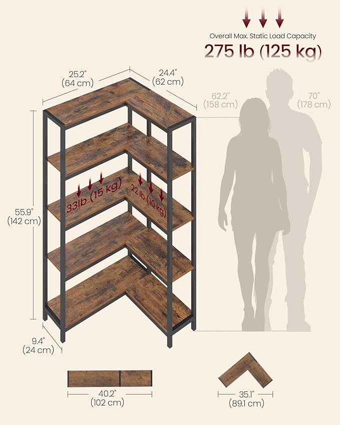 VASAGLE 5 Tier Bookshelf with Metal Frame, Convertible Industrial Corner Shelf, 9.4 x 40.2 x 55.9 Inches, for Living Room, Bedroom, Home Office, Rustic Brown and Ink Black ULLS605KD01