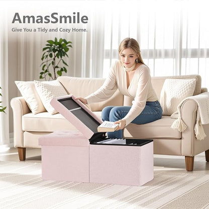 AmasSmile Footrest Ottoman Bench with Storage,34Inch Pink Teddy Velvet Footstool, Coffee Table, Padded Seat, Storage Chest,Blanket Store with Flipping Lid for Livingroom and Bedroom