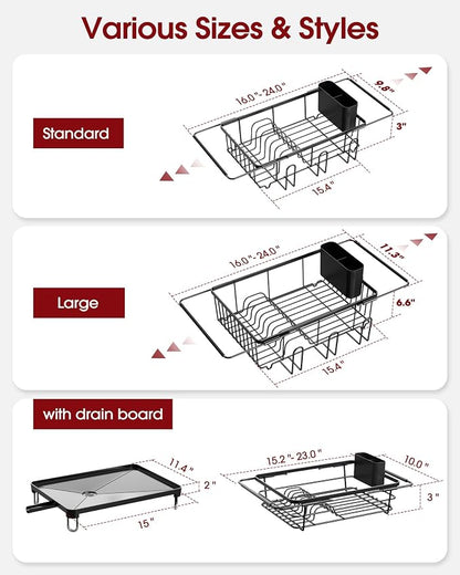Sakugi Dish Drying Rack in Sink - Expandable Stainless Steel Dish Rack Over The Sink, Kitchen Sink Drain Strainer with Cutlery Holder & Cup Holders, 15.2 x 10.0 x 4.2 Inch, Black