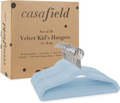 Casafield 50 Velvet Kid's Hangers - 14" Size for Children's Clothes - Light Blue