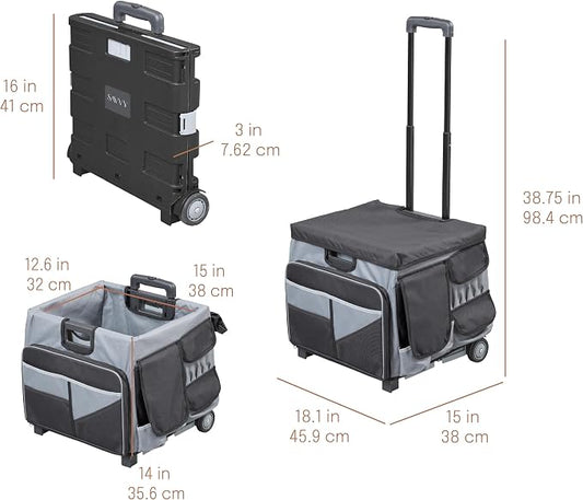 Mobile Folding Utility Cart with Canvas Storage Organizer Bag, Rolling Cart, Black/Grey