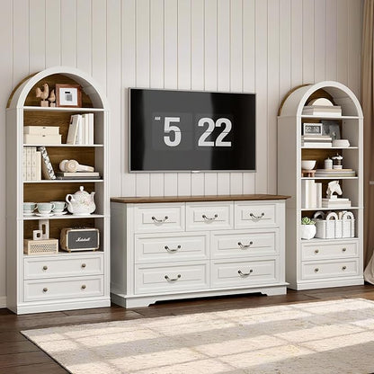 Farmhouse Arched Bookshelf Set of 2, 7 Tiers Arch Bookcase with 2 Spacious Drawers, Modern Book Shelf with Open Display Shelves and Storage Cabinet, for Office, Living Room, Walnut and White