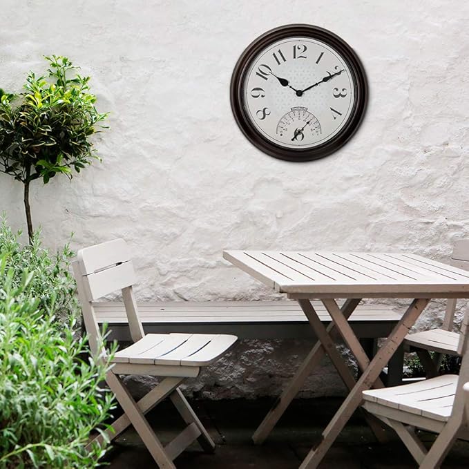 Presentime & Co. 14" in/Outdoor Luminous Wall Clock with Thermometer, Weather Thermometer, Night Light with Smart Sensor - Oil Rubbed Bronze Finish, Outdoor Lights & Decoration.