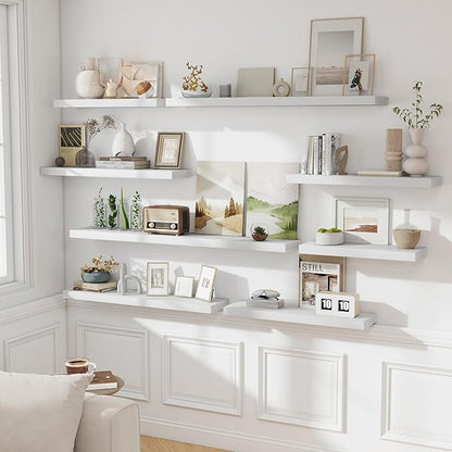 Fun Memories Floating Shelves for Wall, 32W x 8D Floating Wall Shelves with Invisible Brackets Set of 2, Hanging Rustic Wood Shelf Decoration for Bedroom, Bathroom, Living Room and Kitchen, White