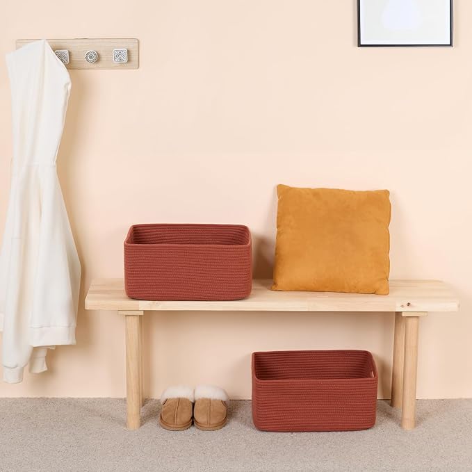 MiniArk Large Storage Baskets for Shelves, Closet Organizers Bins for Clothes Blanket Towels, Baby Nursery, Toy Baskets Box, Woven Rope Baskets, 17 x 13 x 7.5”, 3 Packs Oxide Red