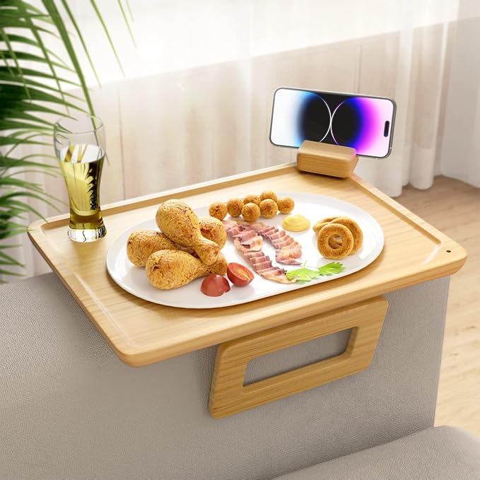 Smatdecis Couch Arm Tray Table Sofa Arm Clip, Armrest Tray Table Suitable for Home Drinks/Fast Food/Fruit Etc, Large Size Multi-Function Natural(360° Rotating Stand B)