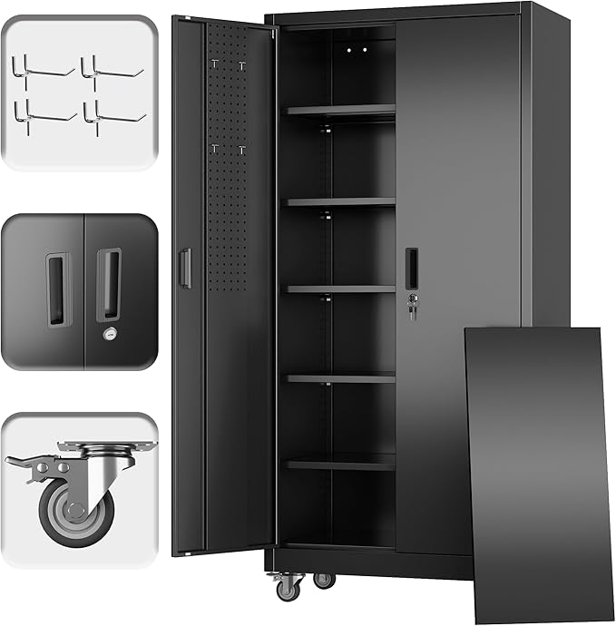 Garage Storage Cabinet with Wheels and Pegboard, 71" H x 32" W x 16" D Lockable Metal Storage Cabinet with 5 Adjustable Shelves and 2 Doors for Garage Home, Assembly Required, Black