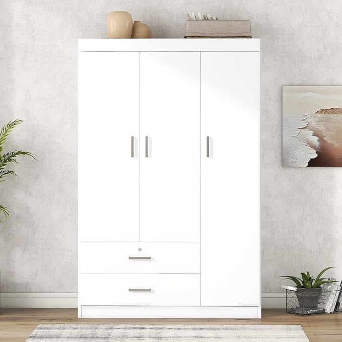 3 Door Wardrobe Cabinet Closet with Storage Drawers, Shelves and Hanging Rail for Clothes, Bedroom Organizer