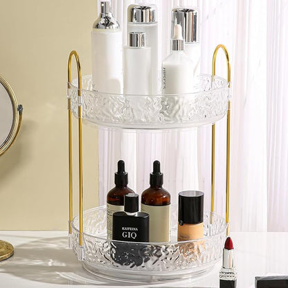 Fangoo 2 Tiers Clear Rotating Makeup Organizer for Vanity, 360 Spinning Skincare Organizers for Dresser Perfume Organizer Large Skincare Make up Storage Cosmetic Organizer for Bathroom Countertop