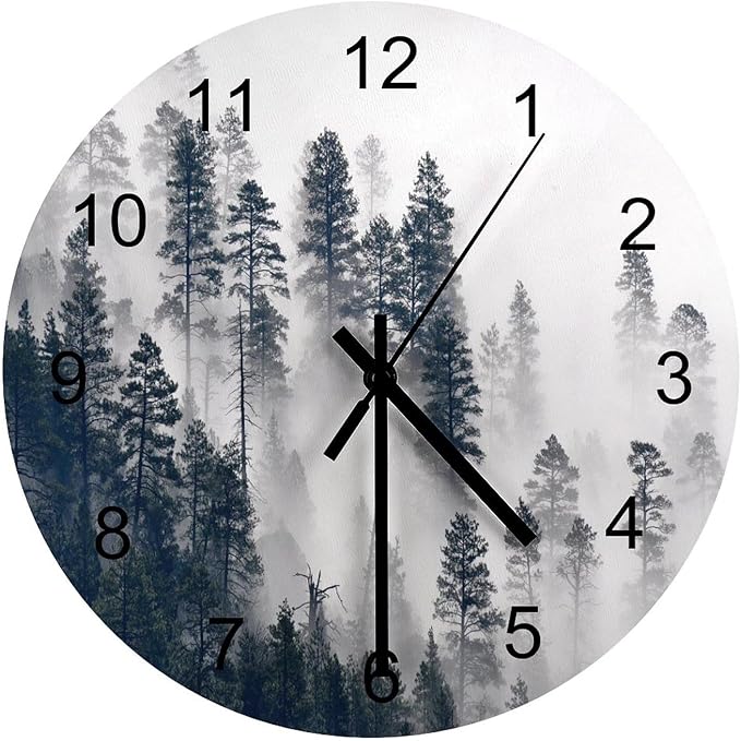 Scenic Nature Wall Clock, Mountain Misty Forest Tree Landscape Foggy Woodland Scenery Round Clocks Wall Decor Silent No Ticking 12 Inch Wooden Clock for Bedroom Living Room Home Office
