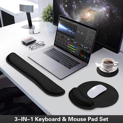 Mouse Pad Black, Ergonomic Keyboard Wrist Rest, Mouse Pad with Wrist Rest Black, Gaming Mousepad with Wrist Support, Memory Foam Wrist Rest Set for Computer Keyboard, Office Desk Accessories