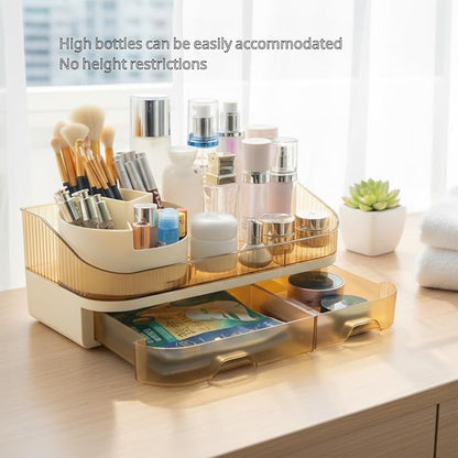 Makeup Organizer with Dual Drawers - Large Capacity Countertop Cosmetic Storage for Skincare Vanity Bathroom