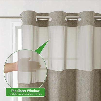 No Hooks Needed Linen Textured Shower Curtain with Snap-in Fabric Liner Set,Hotel Luxury Decor Shower Curtains for Bathroom with Mesh Top Window,Waterproof & Washable,71Wx74H,Khaki/Tan