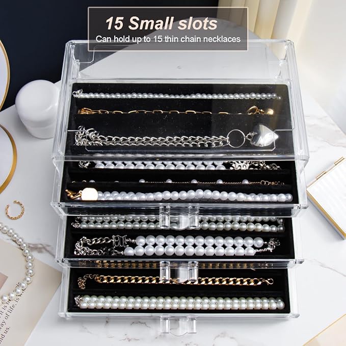 YUFONG Necklace Holder Organizer, Dustproof Necklace Box Velvet Necklace Organizer Box with Lid Clear Acrylic Dustproof Stackable Jewelry Displays for Necklaces Chain Display (Black, 3 Drawer)