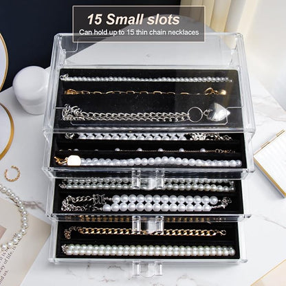 YUFONG Necklace Holder Organizer, Dustproof Necklace Box Velvet Necklace Organizer Box with Lid Clear Acrylic Dustproof Stackable Jewelry Displays for Necklaces Chain Display (Black, 3 Drawer)