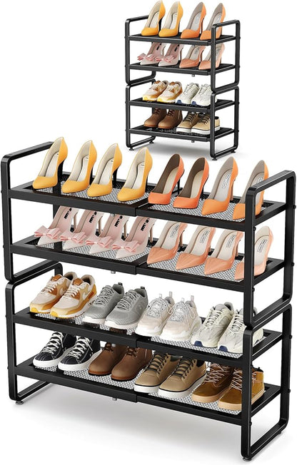 Shoe Rack - Expandable Shoe Organizer for Closet, Adjustable Metal Shoe Shelf Storage, Stackable Long Shoe Stand Holder for Garage, Entryway, Door Entrance (Black, 4-Tier)