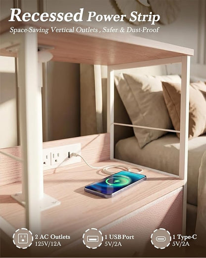 Faesun Swivel Lift Top Nightstand with Charging Station, Rolling Side Table for Recliner, Bedside Table with Wheels & a Fabric Drawer, for Small Spaces, for Bedroom, Living Room, Pink