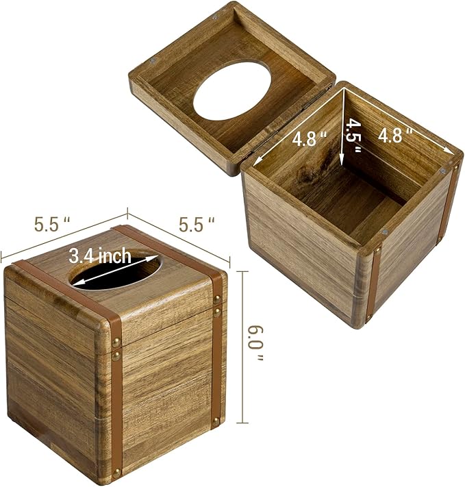 MyGift Premium Acacia Solid Wood Tissue Box Cover, Mid Century Style Square Bathroom Facial Tissue Box Dispenser Holder with Decorative Vintage Leatherette Straps
