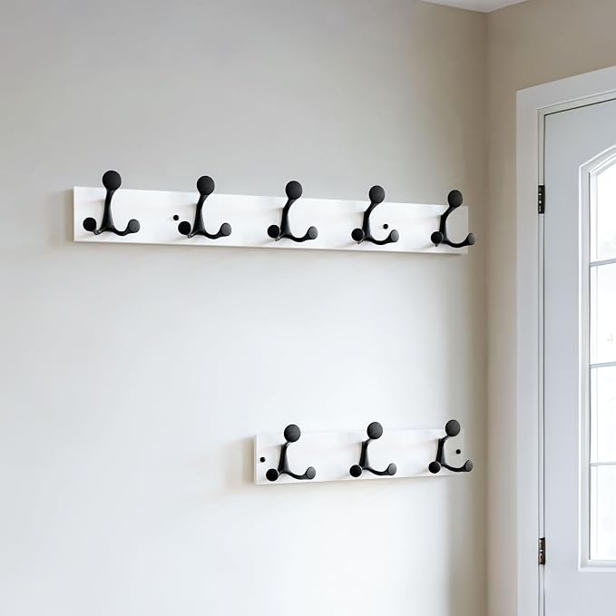 SKOLOO 24-Inch White Wood Coat Rack Wall Mount with 5 Triple Hooks - Ideal for Family Entrances, Classrooms, and Pet Supplies Storage - Perfect Coat Hooks for Wall, Pack of 2