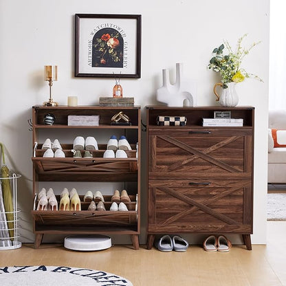 Shoe Storage Cabinet with 2 Flip Drawers, Farmhouse Shoes Organizer for Entryway, Narrow Hidden Shoe Rack with Legs & Open Storage, Freestanding Shoe Closet for Foyer, Hallway, Brown Walnut